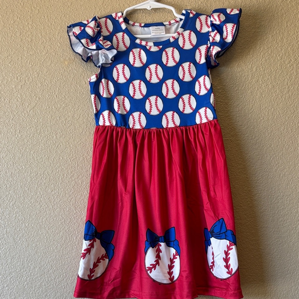 Playful Baseball Print Kids Dress - Red and Blue